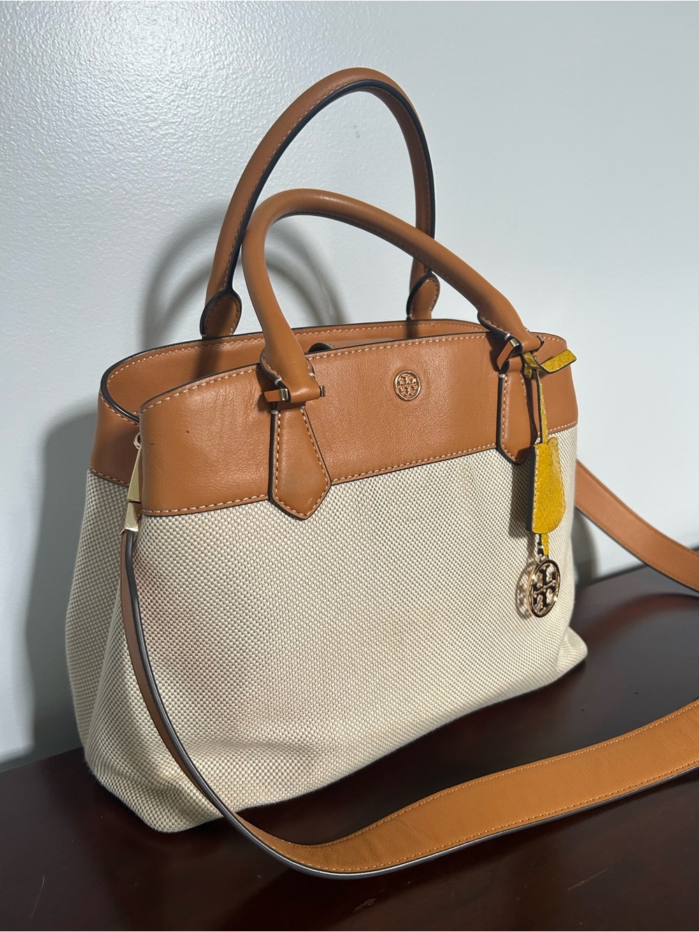 Tory Burch Robinson Canvas Tote Bag Purse Camel Leather 3 Way Handbag Shoulder